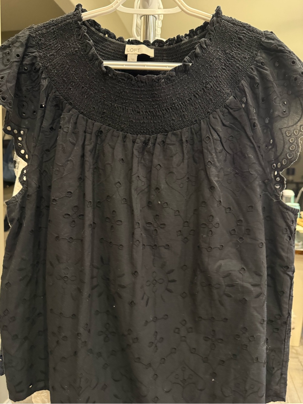 LOFT Black Eyelet Smocked Neck Cap Sleeve Camisole